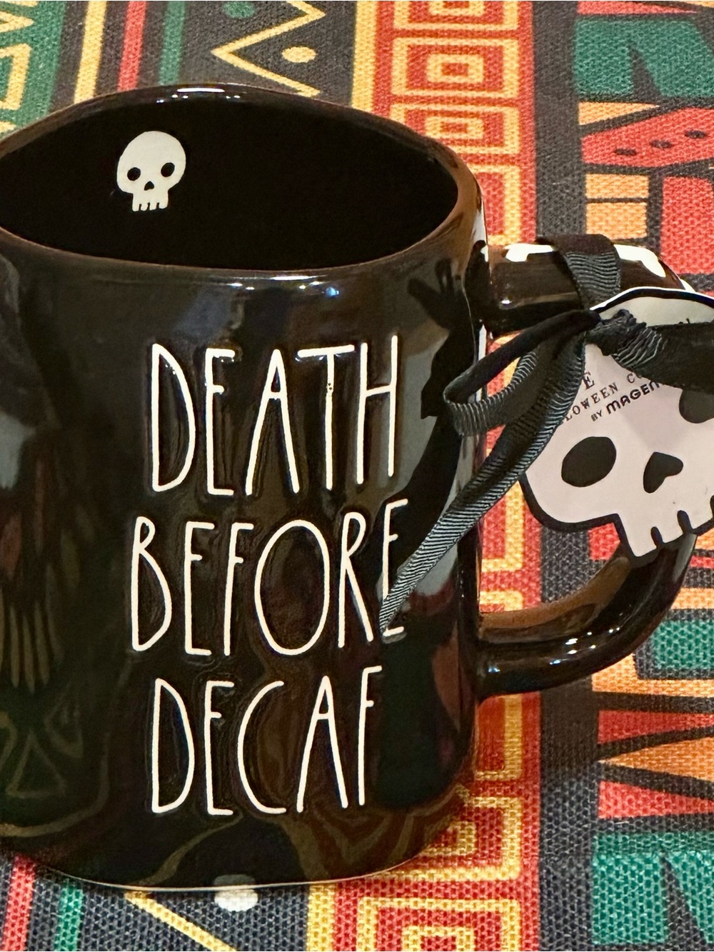 Rae Dunn DEATH BEFORE DECAF Matte Black Halloween Mug Skull Tag New NWT